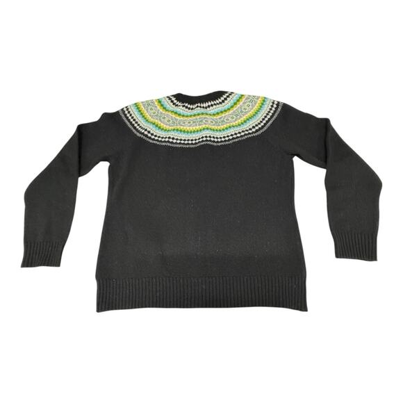 LL Bean Lamb Wool Cardigan Sweater Women's L-Reg Button Up Black Green Fair Isle - Picture 9 of 9